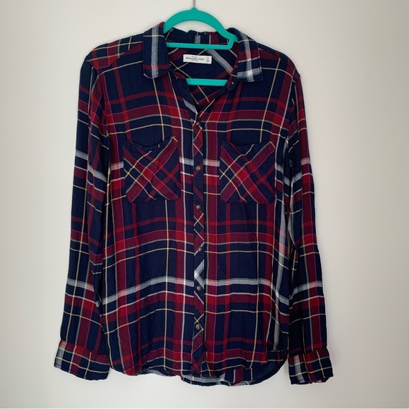 Abercrombie and Fitch navy and red plaid button down shirt M - Picture 1 of 5